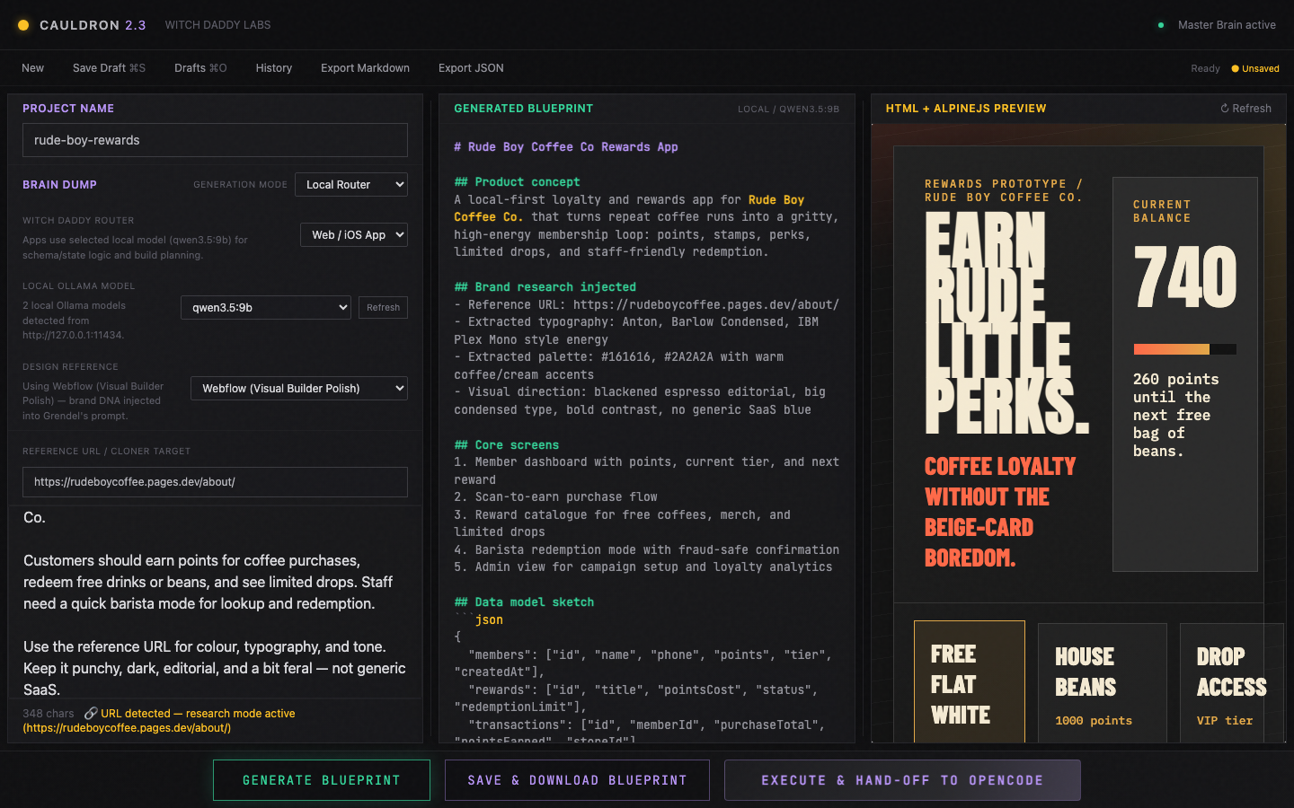 Cauldron OS main three-panel interface